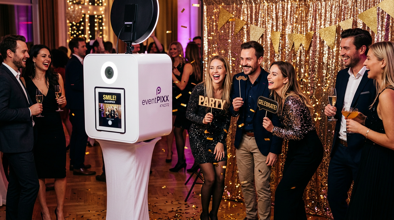 eventPIXX FotoBox auf einem eleganten Event &ndash; G&auml;ste posieren mit Props und haben beste Laune
