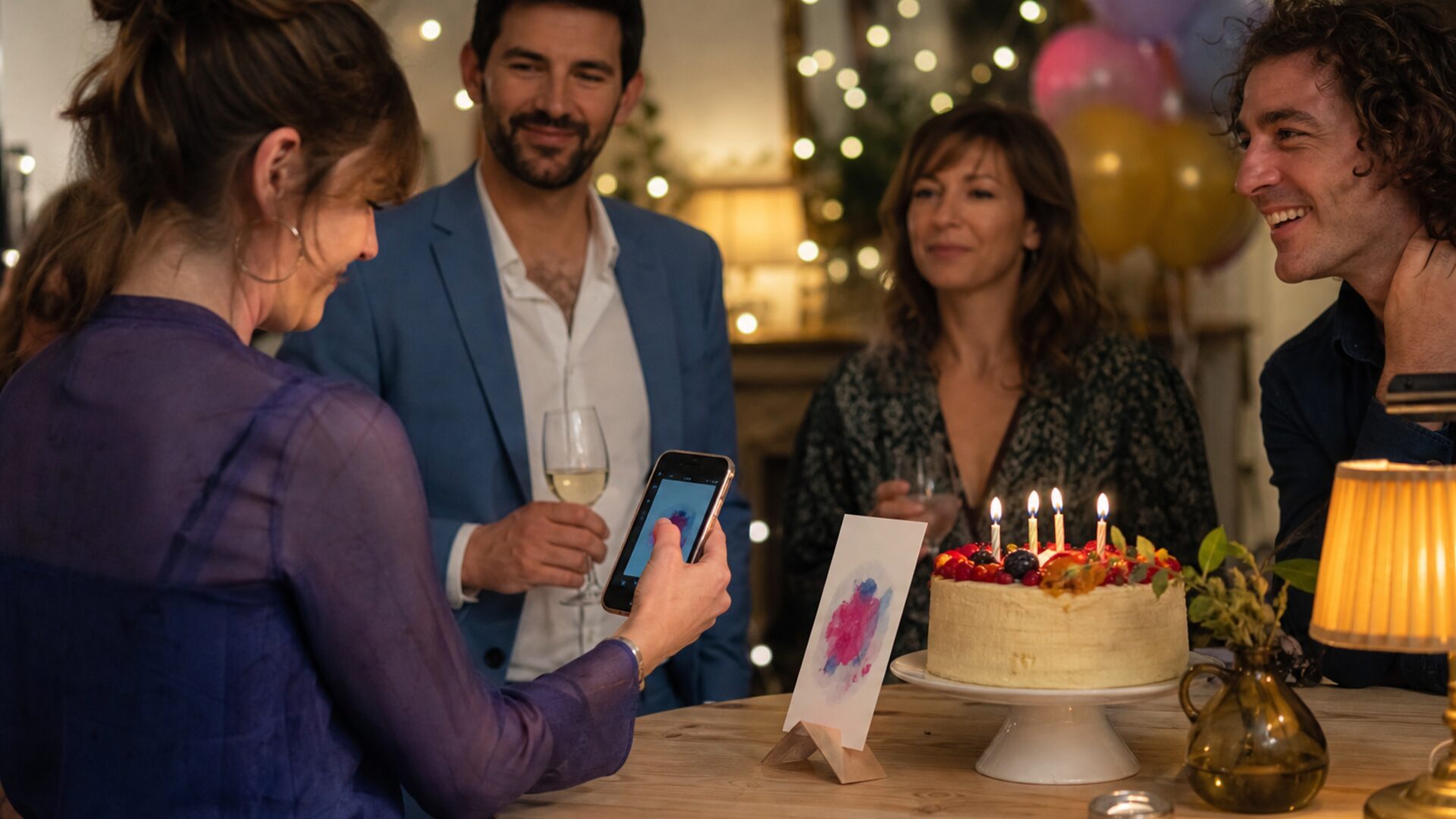 Familie an einer Festtafel mit Torte, eine Frau lädt ein Foto hoch