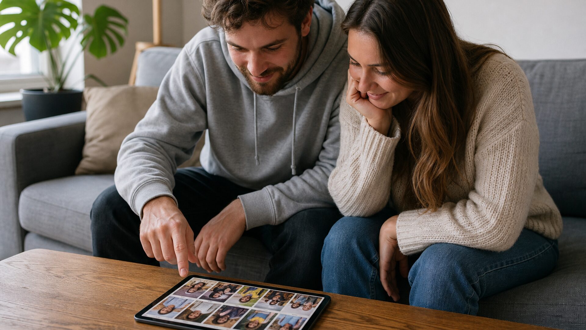 Paar sieht sich gemeinsam die Galerie auf dem Tablet an