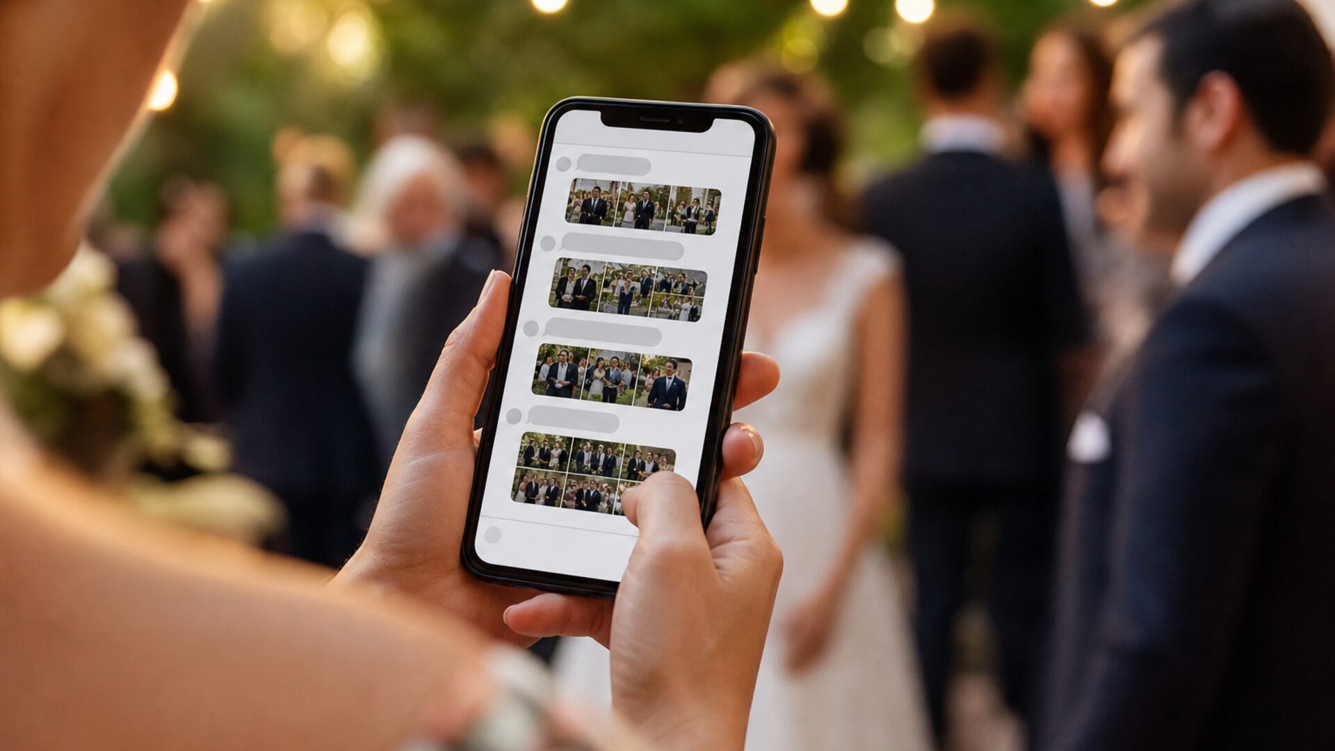 Smartphone mit einem Gruppenchat voller Fotos