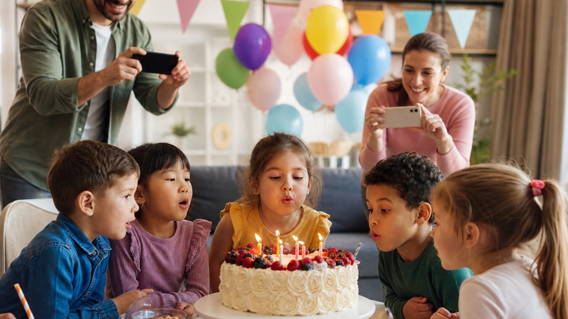 Eltern fotografieren Kinder an einer Festtafel mit Torte