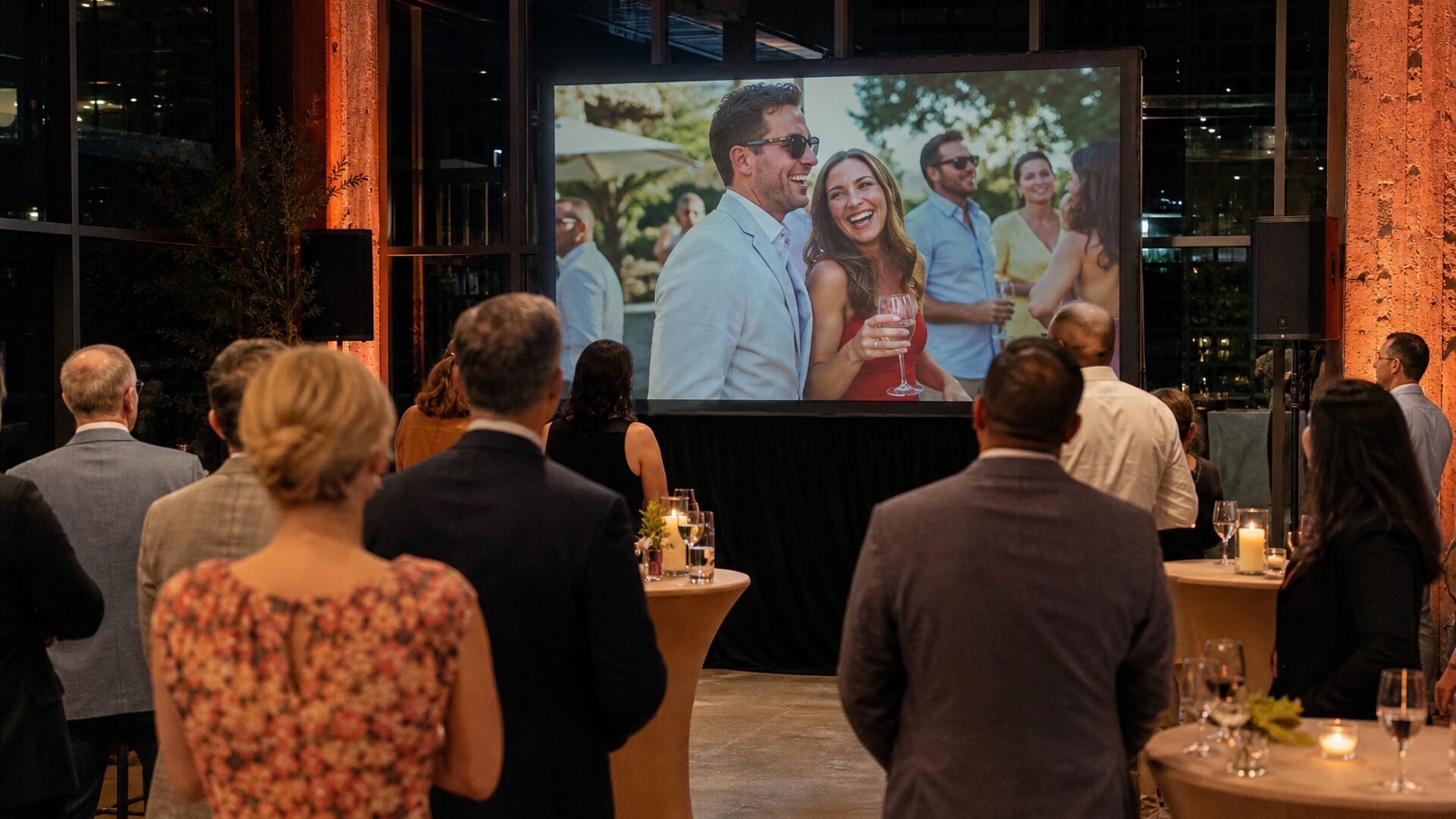 Gäste sehen sich Fotos auf einer Leinwand an
