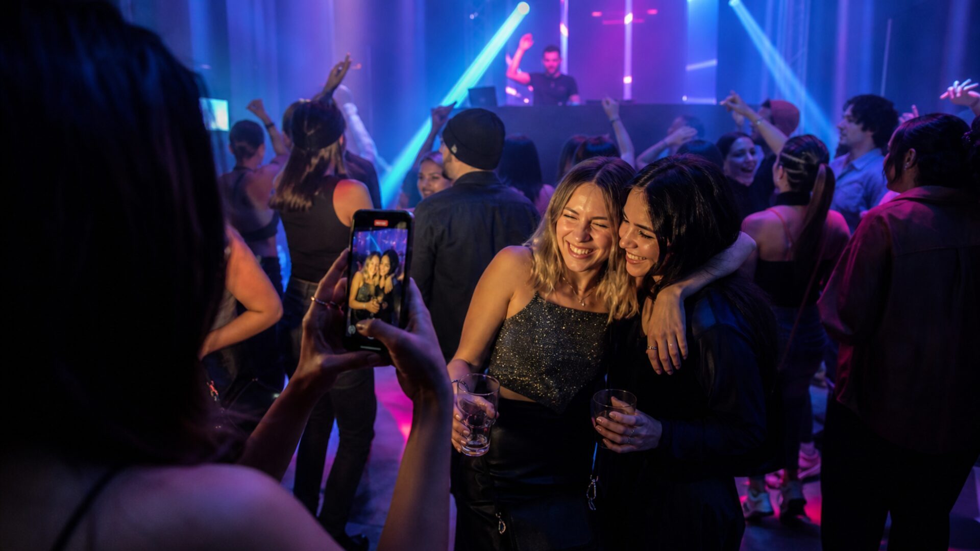 Zwei junge Frauen lachen auf der Tanzfläche, jemand fotografiert sie