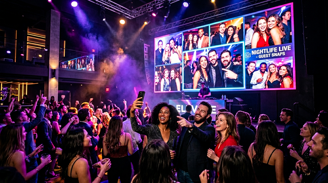 Live-Slideshow auf LED-Wand in einem Club mit begeisterten G&auml;sten