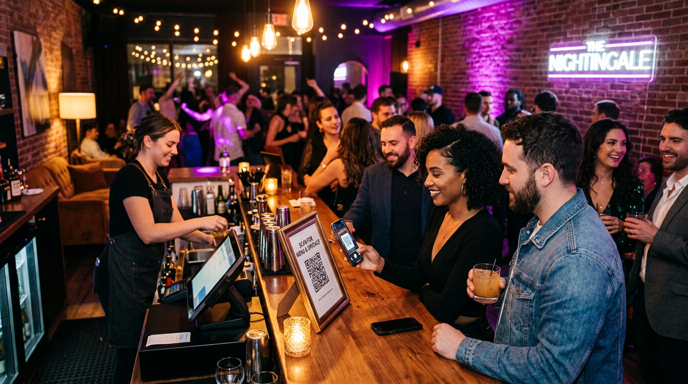 G&auml;ste an der Bar einer Event-Location scannen einen QR-Code