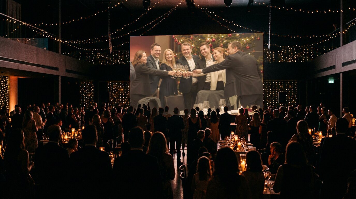 Festsaal mit Lichterketten, auf der Leinwand stößt das Team vor dem Weihnachtsbaum an